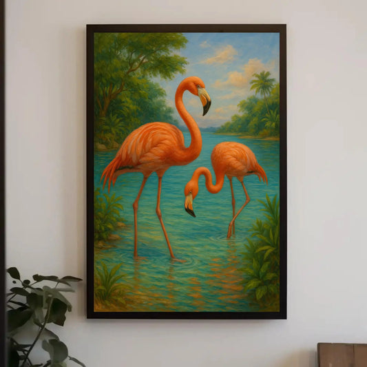 Pink flamingos tropical bird painting exotic jungle lake wildlife wall decor Caribbean summer canvas print paradise vibes Wall Art – Canvas Print