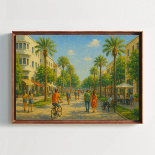 Israel palm street canvas print sunny modern city painting Middle Eastern art for home decor romantic warm tone landscape Wall Art – Canvas Print