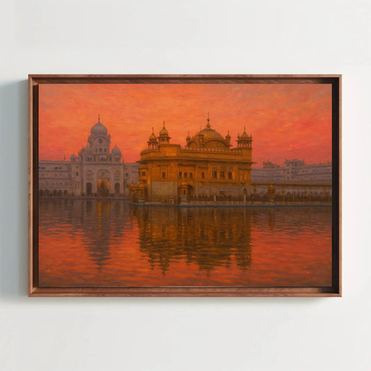 Golden Temple Amritsar Sunset Canvas Print, Sacred Sikh Temple Painting, Spiritual Reflection Wall Art, Peaceful Religious Cultural Decor Wall Art – Canvas Print