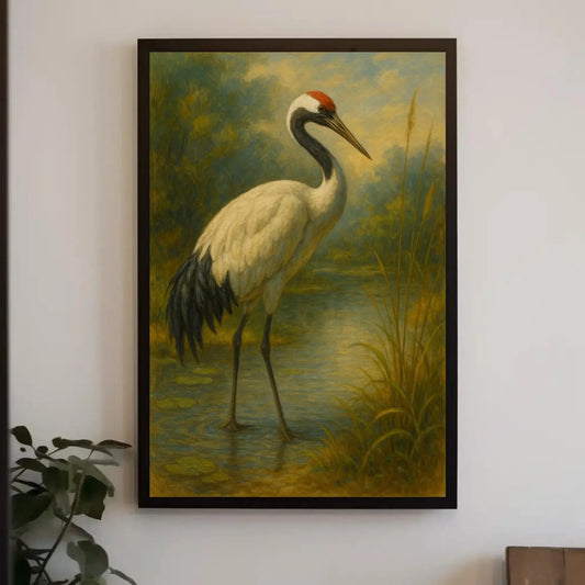 Japanese red crowned crane painting standing in calm water nature bird art serene wildlife print Asian minimal wall decor Wall Art – Canvas Print