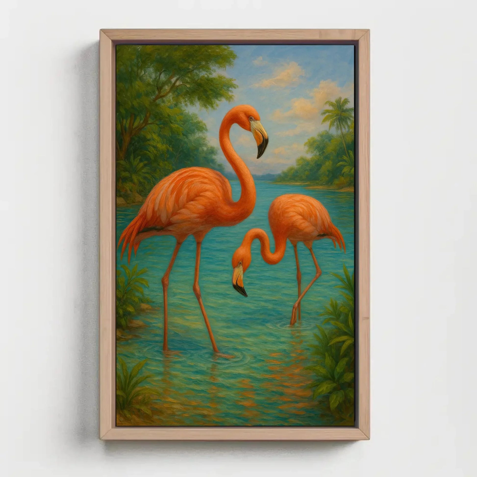 Pink flamingos tropical bird painting exotic jungle lake wildlife wall decor Caribbean summer canvas print paradise vibes Wall Art – Canvas Print