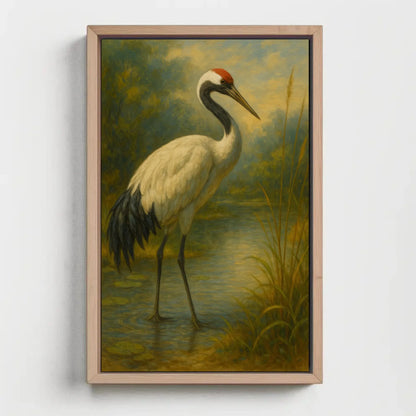 Japanese red crowned crane painting standing in calm water nature bird art serene wildlife print Asian minimal wall decor Wall Art – Canvas Print