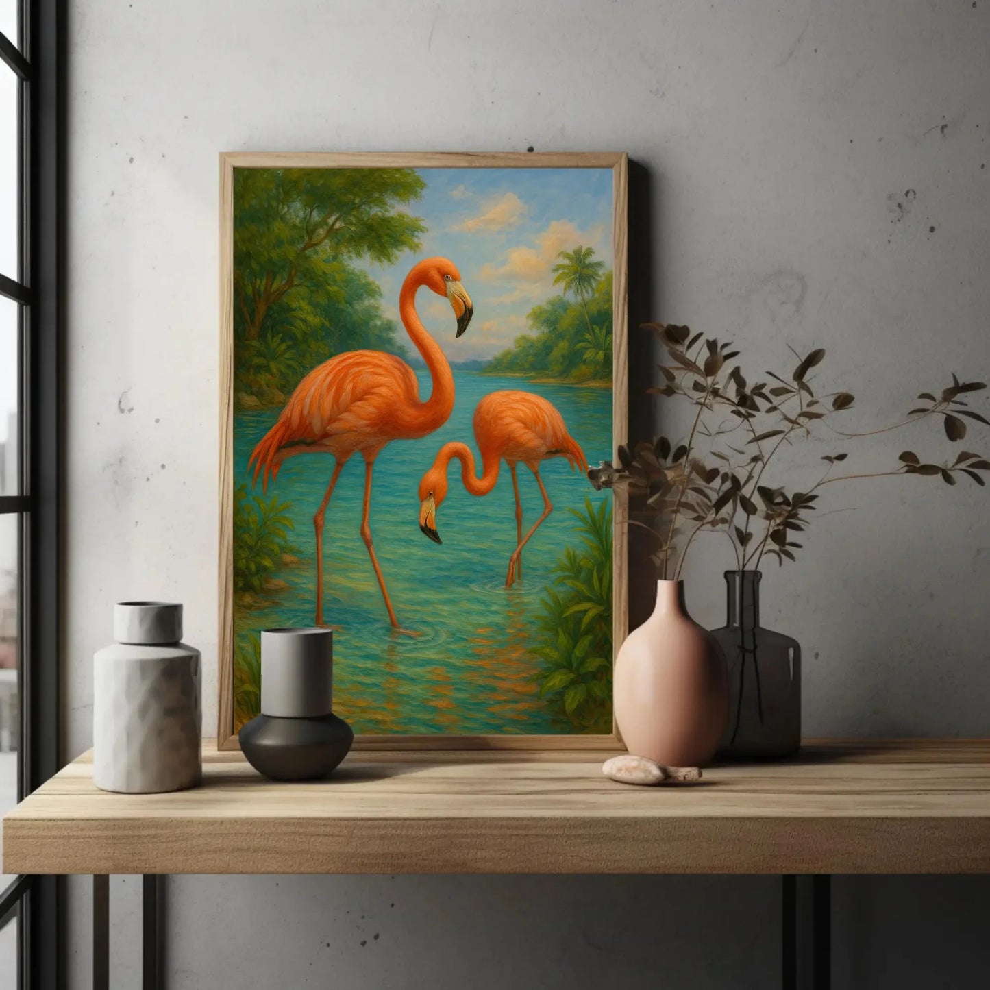 Pink flamingos tropical bird painting exotic jungle lake wildlife wall decor Caribbean summer canvas print paradise vibes Wall Art – Canvas Print