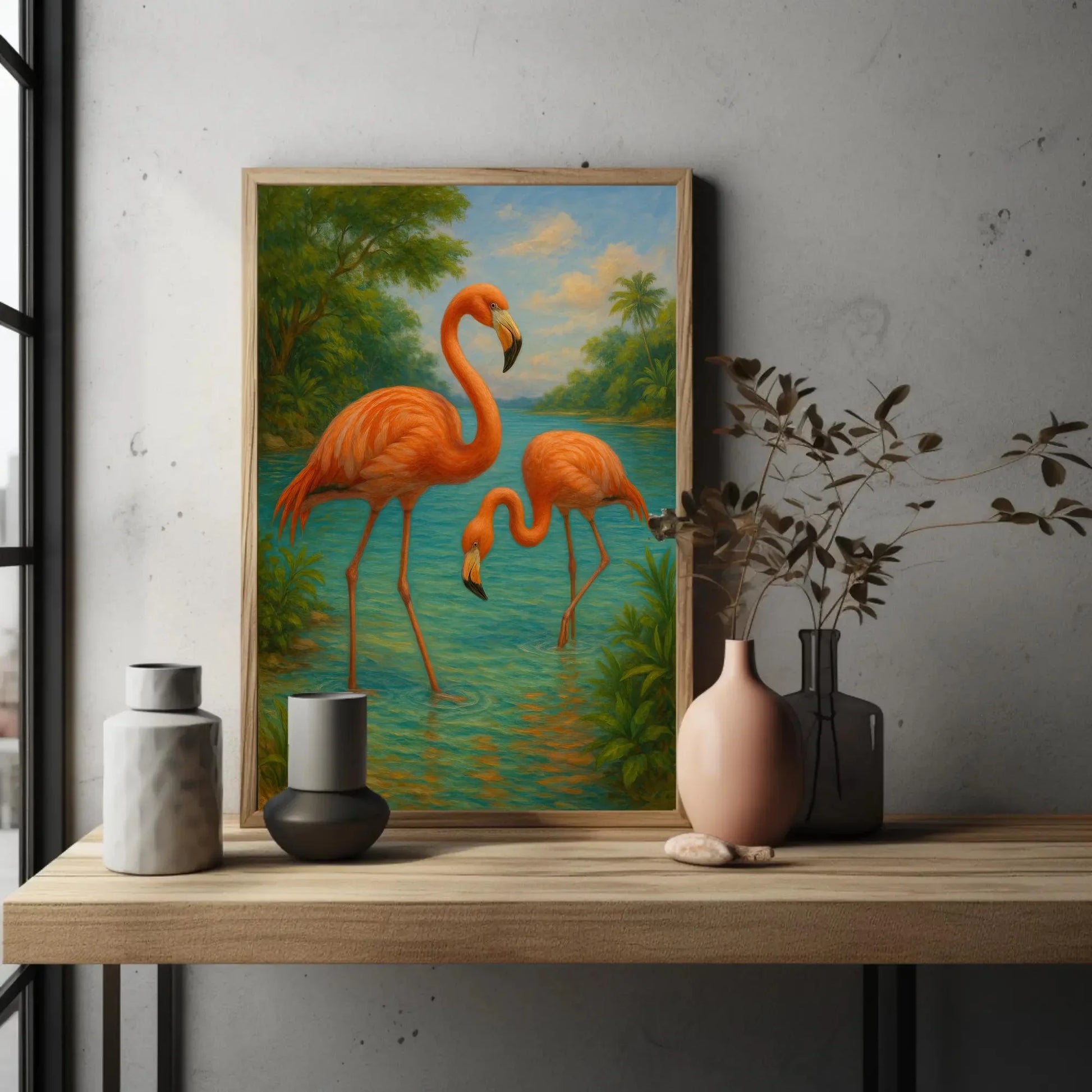 Pink flamingos tropical bird painting exotic jungle lake wildlife wall decor Caribbean summer canvas print paradise vibes Wall Art – Canvas Print