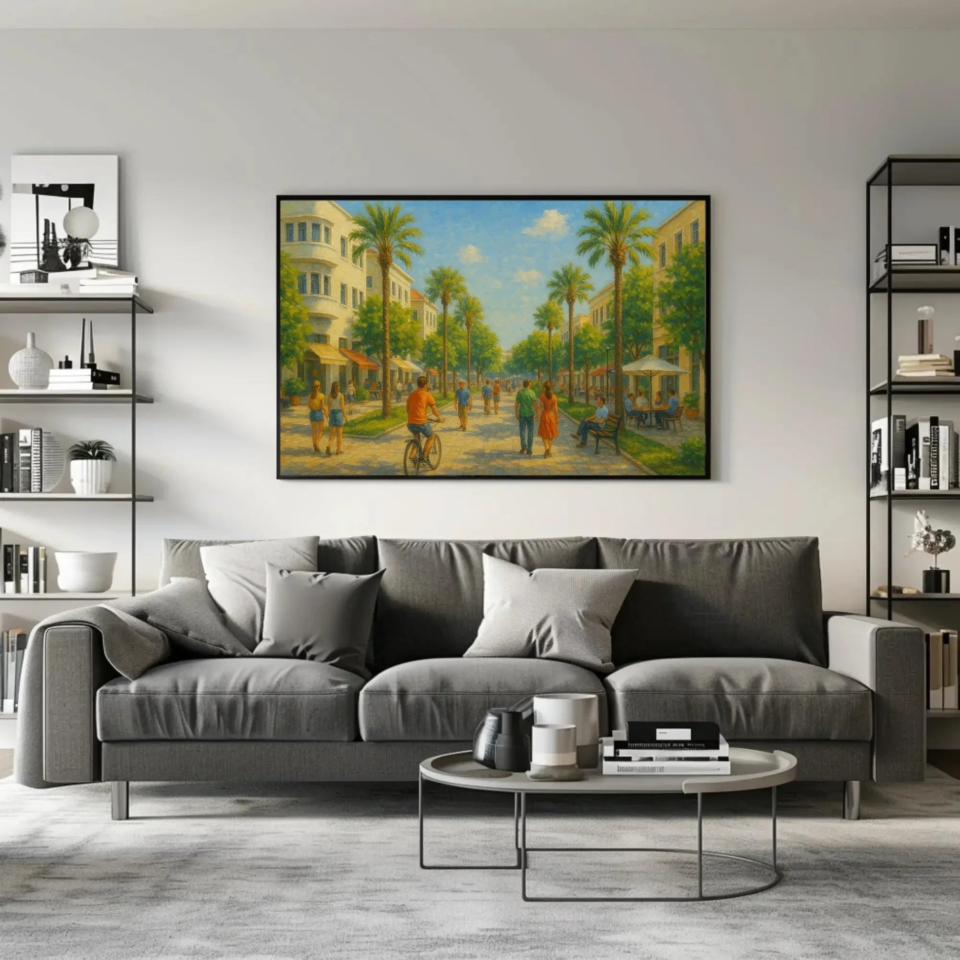 Israel palm street canvas print sunny modern city painting Middle Eastern art for home decor romantic warm tone landscape Wall Art – Canvas Print