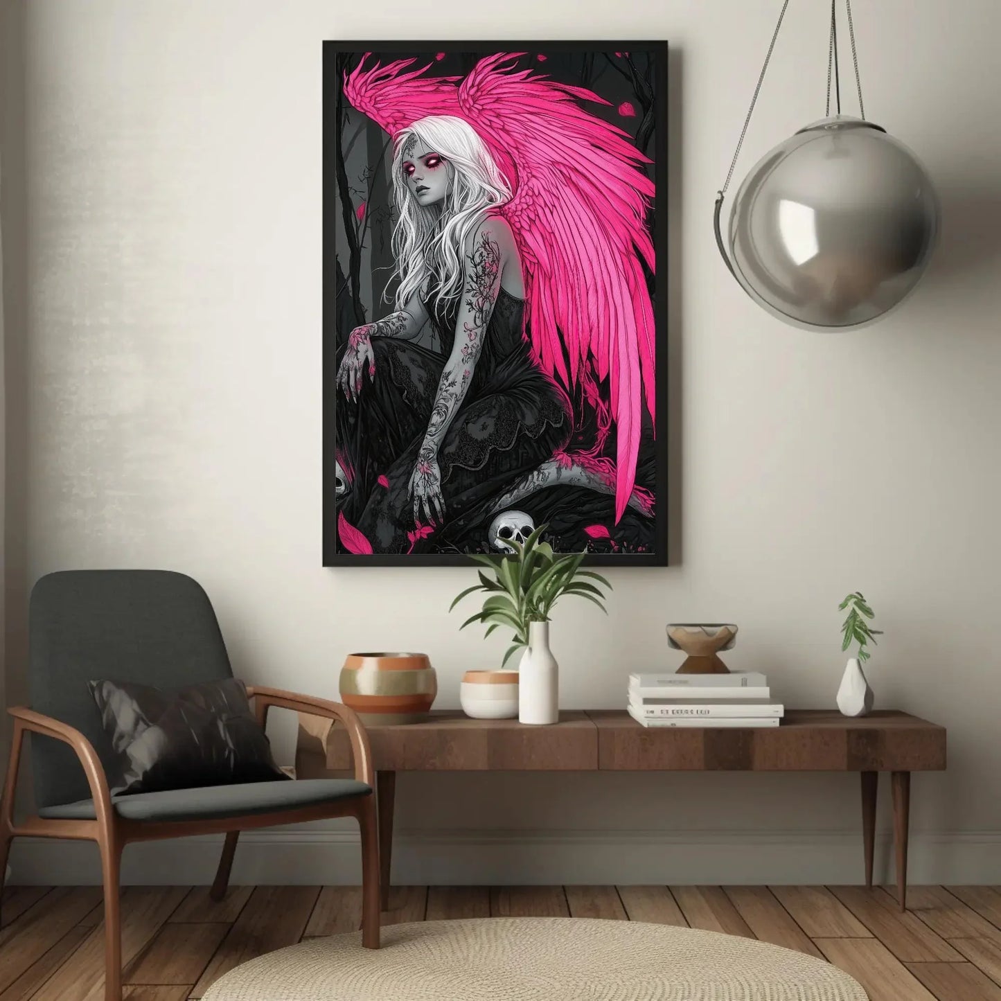 Gothic Angel with Skulls Canvas Print, Extra Large Pink Wings Fantasy Art, Dark Feminine Wall Decor for Gothic Bedroom or Tattoo Studio Wall Art – Canvas Print