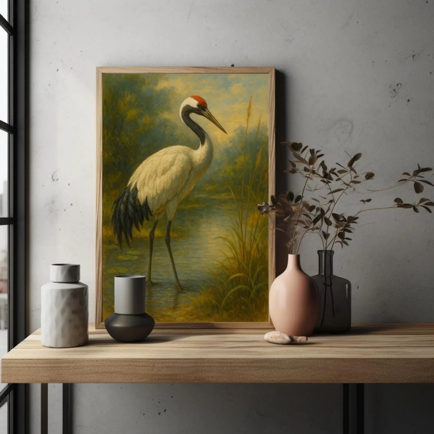 Japanese red crowned crane painting standing in calm water nature bird art serene wildlife print Asian minimal wall decor Wall Art – Canvas Print