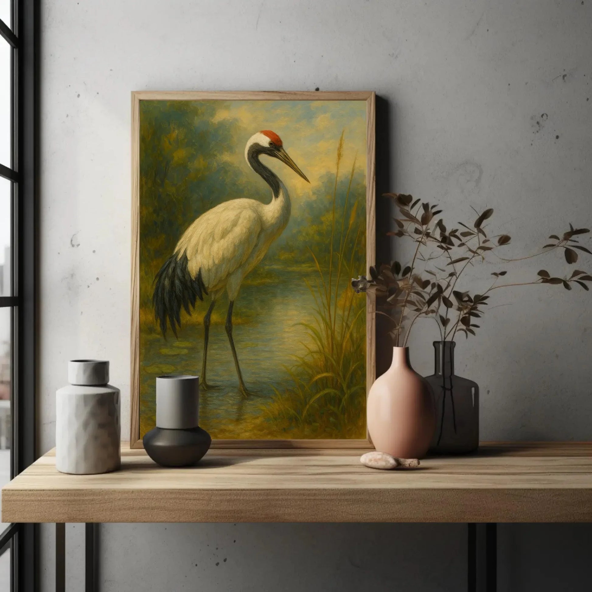 Japanese red crowned crane painting standing in calm water nature bird art serene wildlife print Asian minimal wall decor Wall Art – Canvas Print