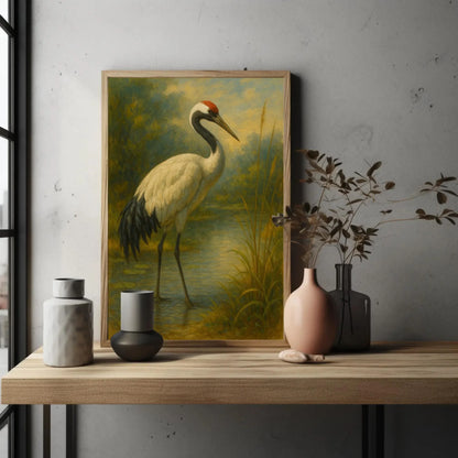 Japanese red crowned crane painting standing in calm water nature bird art serene wildlife print Asian minimal wall decor Wall Art – Canvas Print