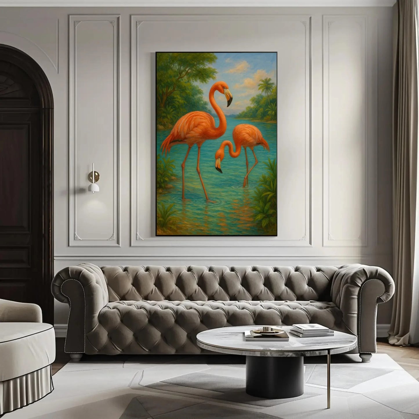 Pink flamingos tropical bird painting exotic jungle lake wildlife wall decor Caribbean summer canvas print paradise vibes Wall Art – Canvas Print
