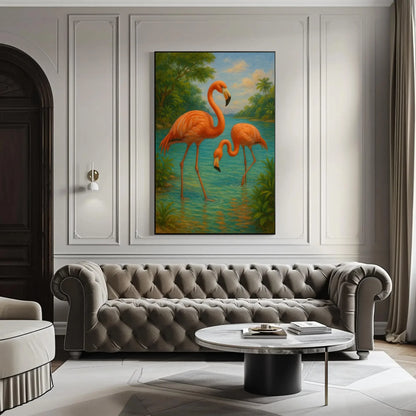 Pink flamingos tropical bird painting exotic jungle lake wildlife wall decor Caribbean summer canvas print paradise vibes Wall Art – Canvas Print