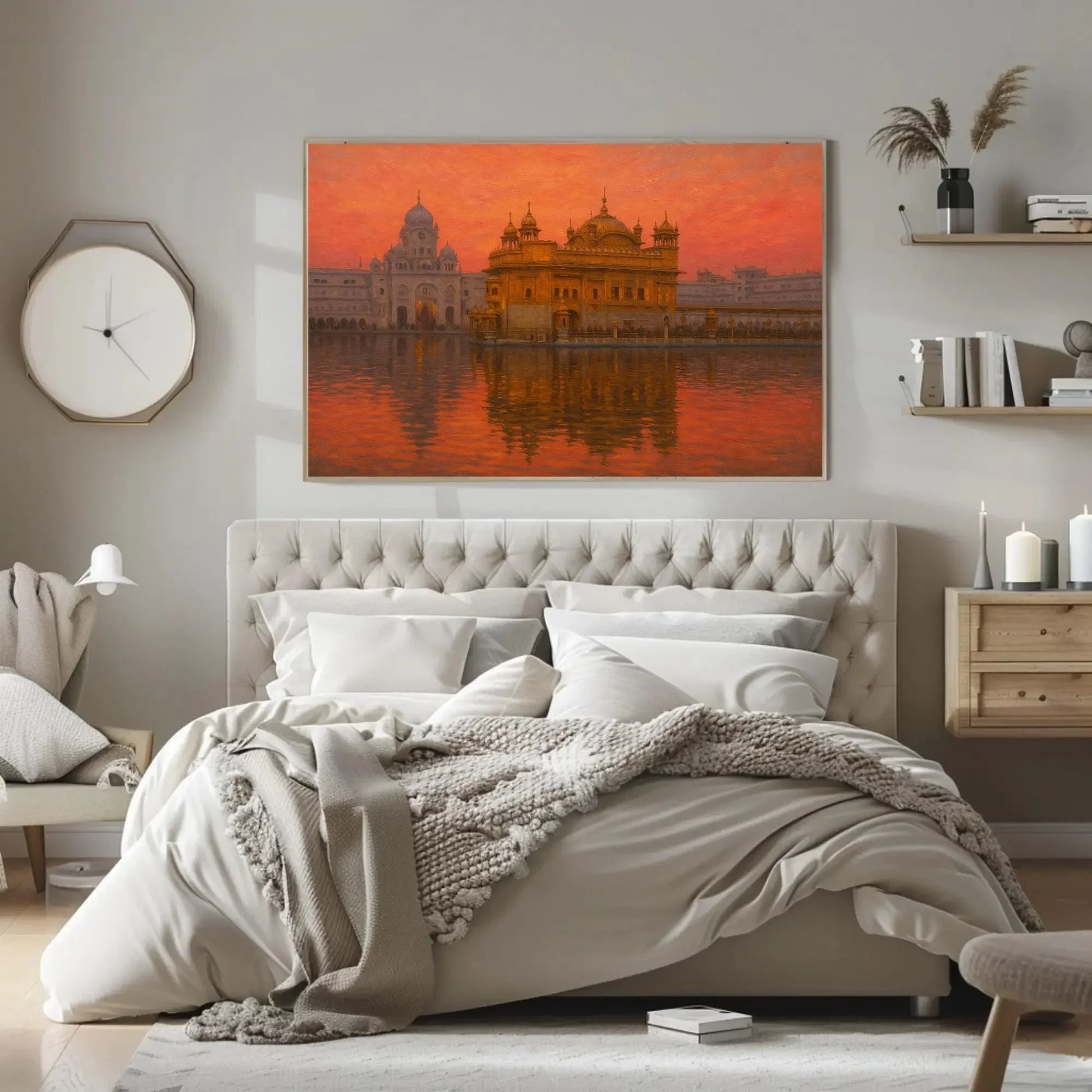 Golden Temple Amritsar Sunset Canvas Print, Sacred Sikh Temple Painting, Spiritual Reflection Wall Art, Peaceful Religious Cultural Decor Wall Art – Canvas Print