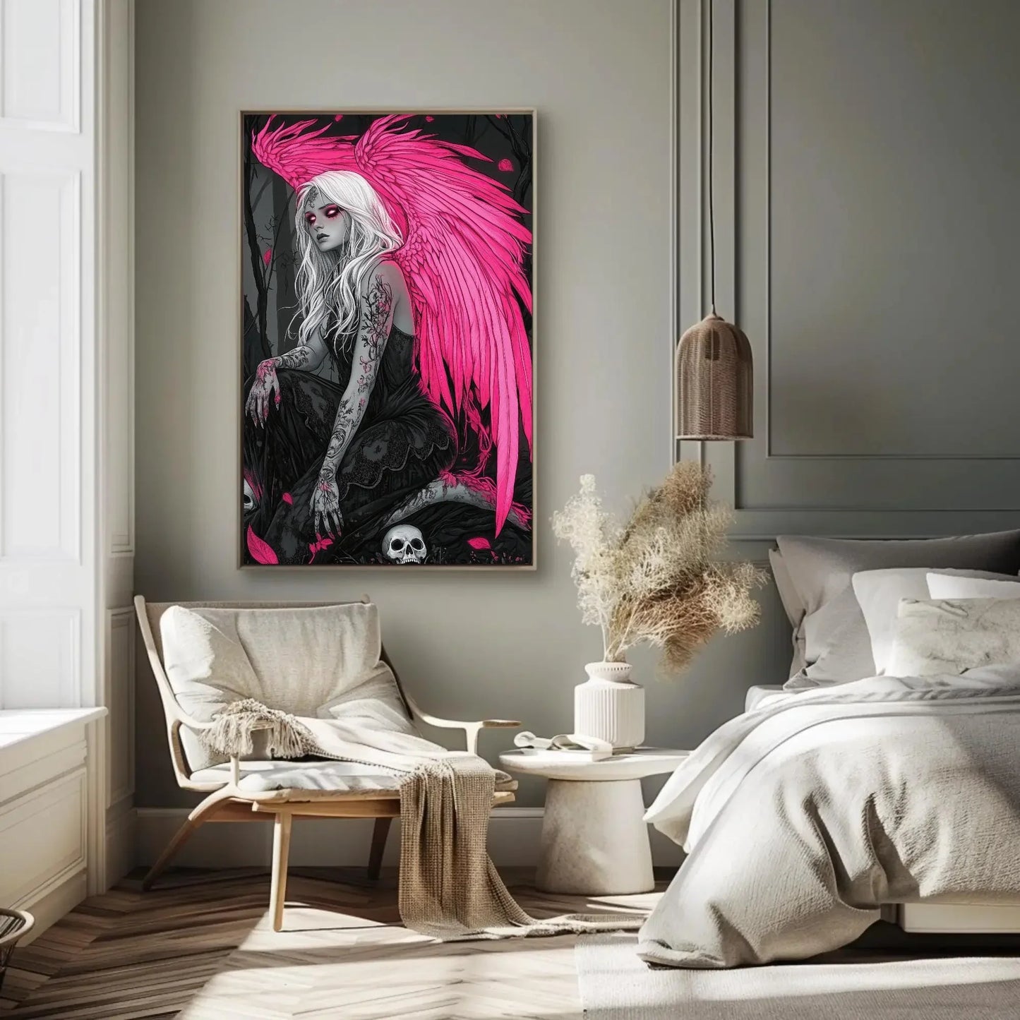Gothic Angel with Skulls Canvas Print, Extra Large Pink Wings Fantasy Art, Dark Feminine Wall Decor for Gothic Bedroom or Tattoo Studio Wall Art – Canvas Print