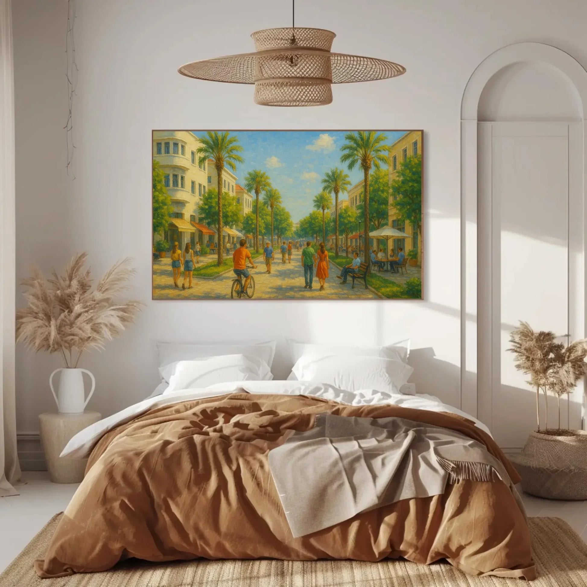 Israel palm street canvas print sunny modern city painting Middle Eastern art for home decor romantic warm tone landscape Wall Art – Canvas Print