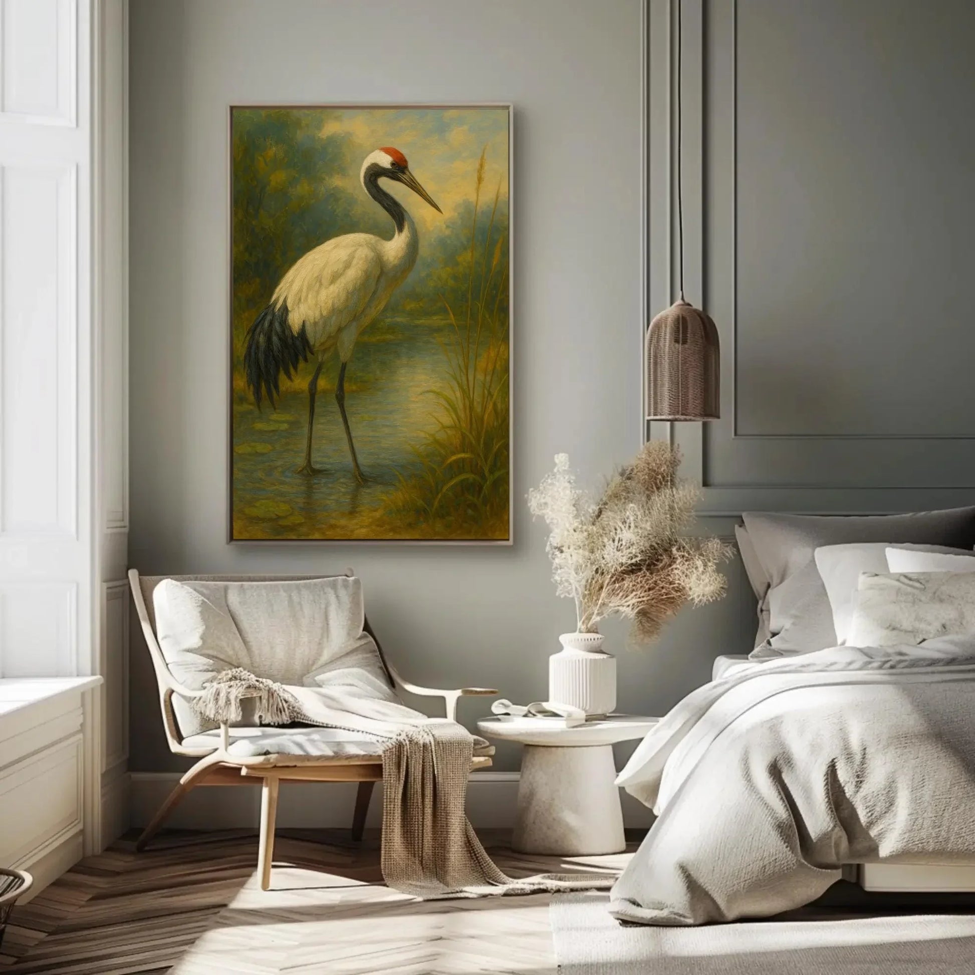 Japanese red crowned crane painting standing in calm water nature bird art serene wildlife print Asian minimal wall decor Wall Art – Canvas Print