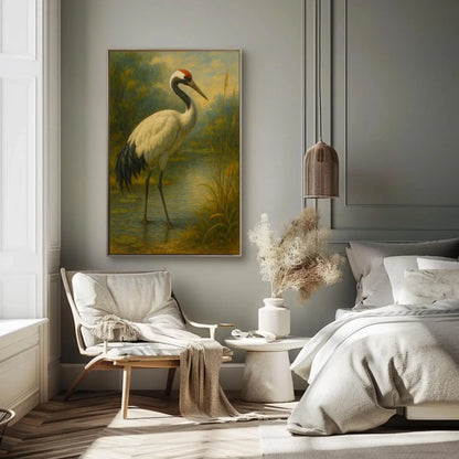Japanese red crowned crane painting standing in calm water nature bird art serene wildlife print Asian minimal wall decor Wall Art – Canvas Print