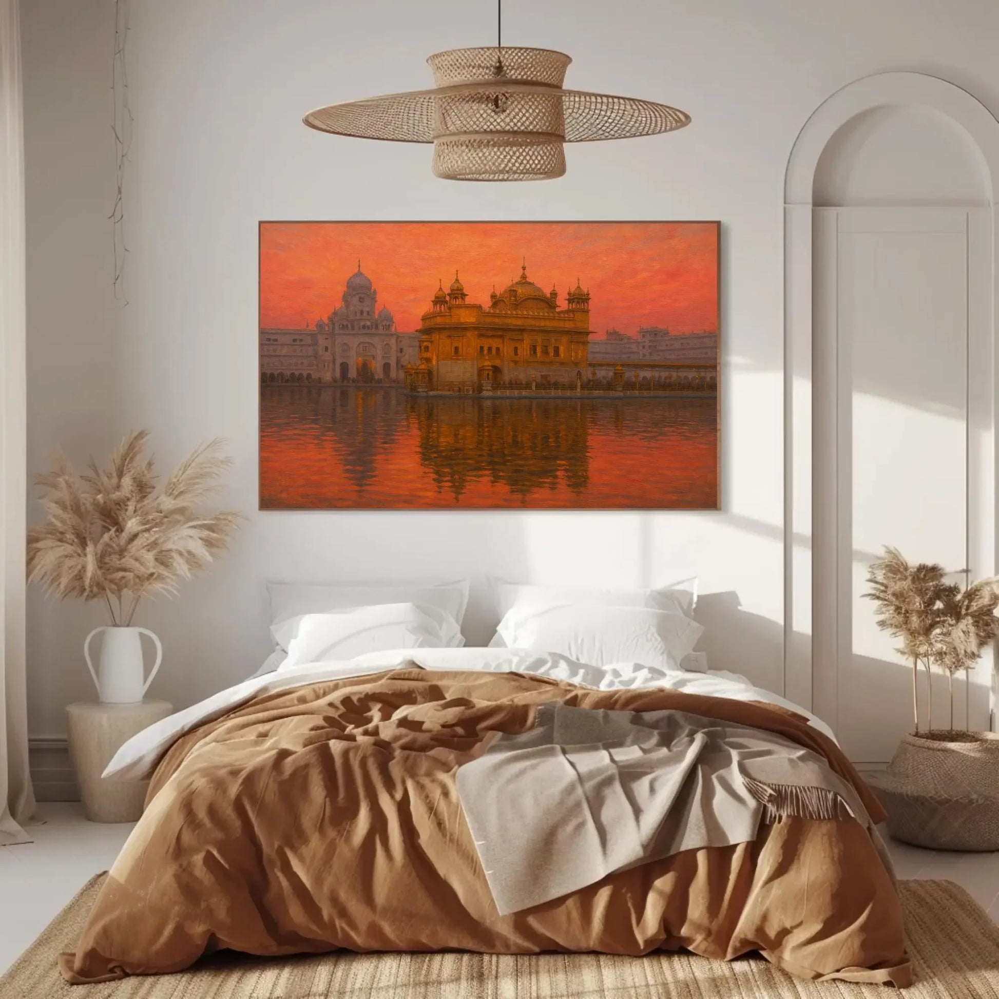 Golden Temple Amritsar Sunset Canvas Print, Sacred Sikh Temple Painting, Spiritual Reflection Wall Art, Peaceful Religious Cultural Decor Wall Art – Canvas Print