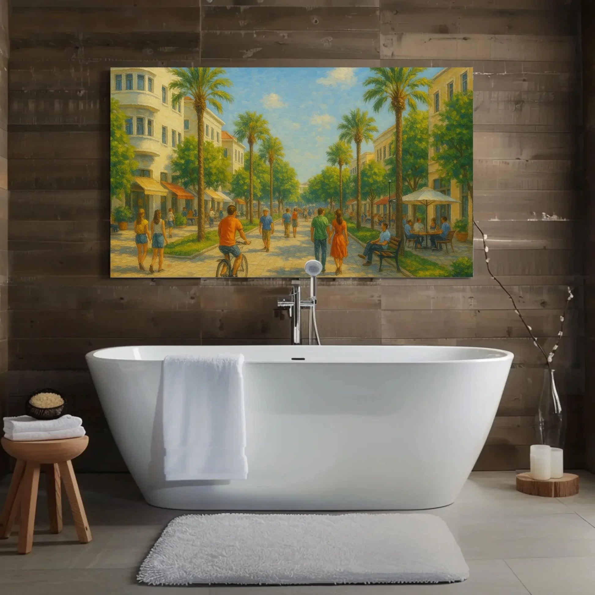 Israel palm street canvas print sunny modern city painting Middle Eastern art for home decor romantic warm tone landscape Wall Art – Canvas Print