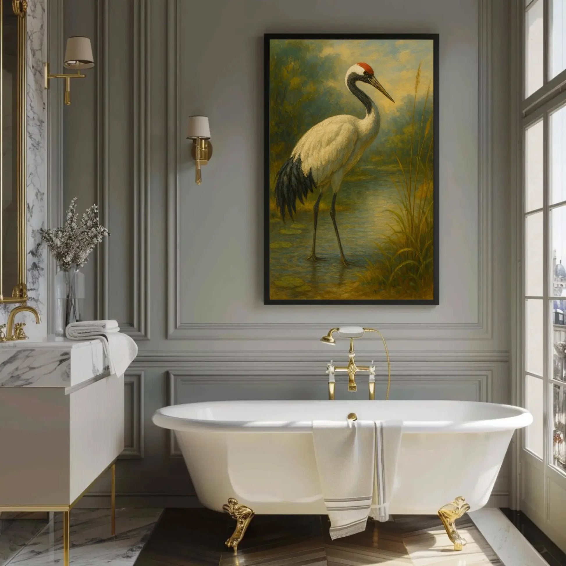 Japanese red crowned crane painting standing in calm water nature bird art serene wildlife print Asian minimal wall decor Wall Art – Canvas Print