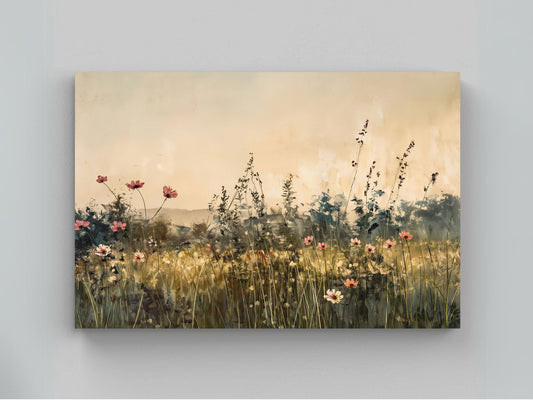 Wildflowers Field Vintage Painting Canvas Print | Rustic Floral Wall Art | Framed Country Decor for Living Room or Bedroom | Ready to Hang Wall Art – Canvas Print