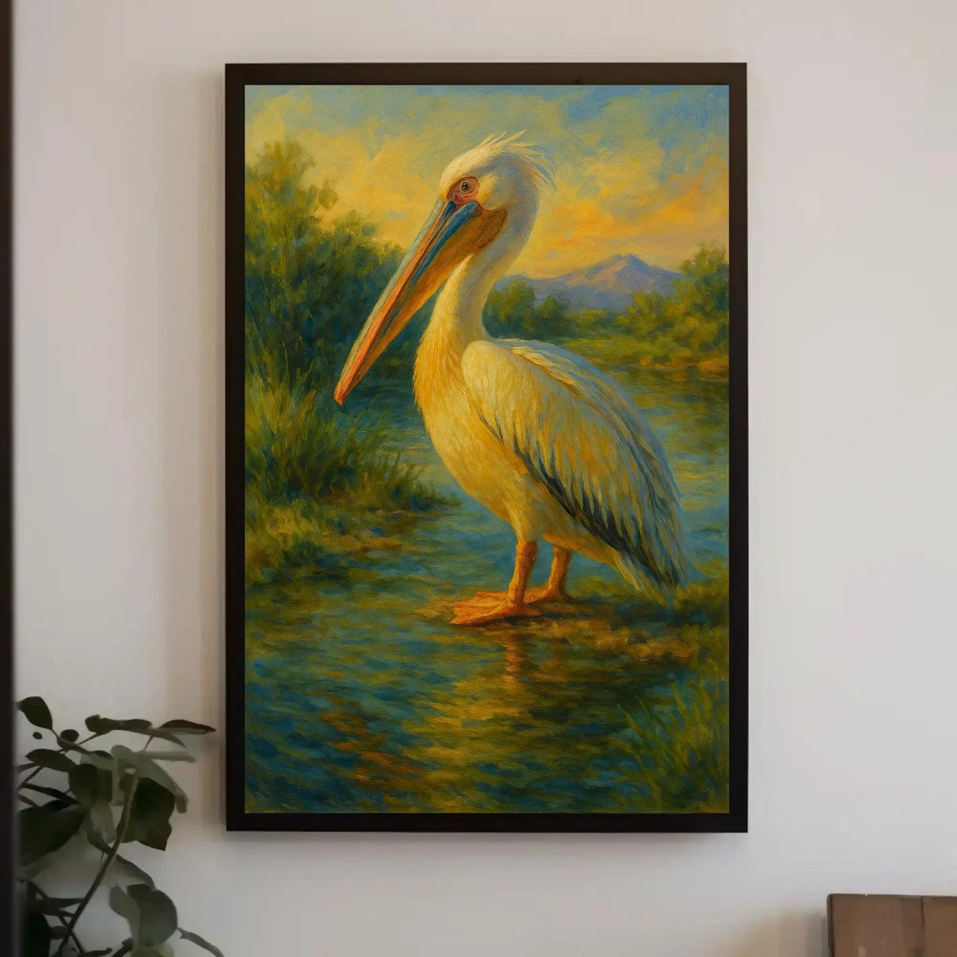 Majestic White Pelican at Sunset Canvas Print, Tranquil Water Bird Painting, Serene Wildlife Wall Art, Peaceful Nature Scene for Home Decor Wall Art – Canvas Print