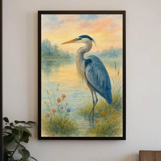 Blue Heron Watercolor Wall Art | Serene Lake Bird Painting | Nature Wildlife Canvas Print | Elegant Heron Home Decor Artwork Wall Art – Canvas Print