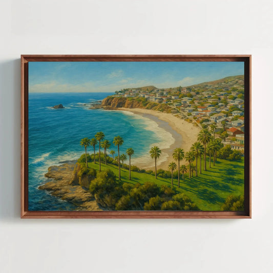 Sunny Laguna Beach California Canvas Print, Coastal Seaside Landscape Painting, Oceanfront Palms Wall Art, Relaxing Beach House Home Decor Wall Art – Canvas Print