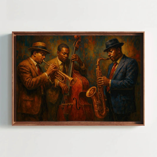Vintage Jazz Trio Canvas Print, Classic Trumpet Bass Saxophone Painting, Soulful Live Music Wall Art, Warm Earth Tones Home Decor Canvas Wall Art – Canvas Print