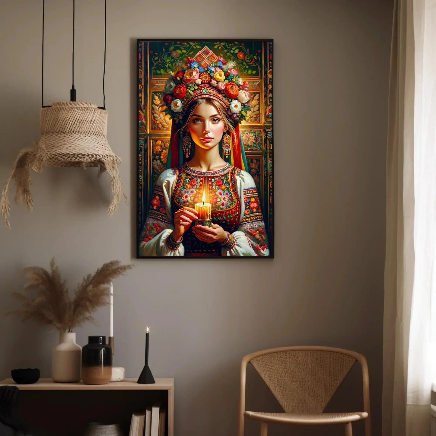 Ukrainian Girl Holding Candle Print, Ukrainian Woman Oil Painting on Framed Canvas, Ethinic Poster Prints for Home Decor Wall Art – Canvas Print