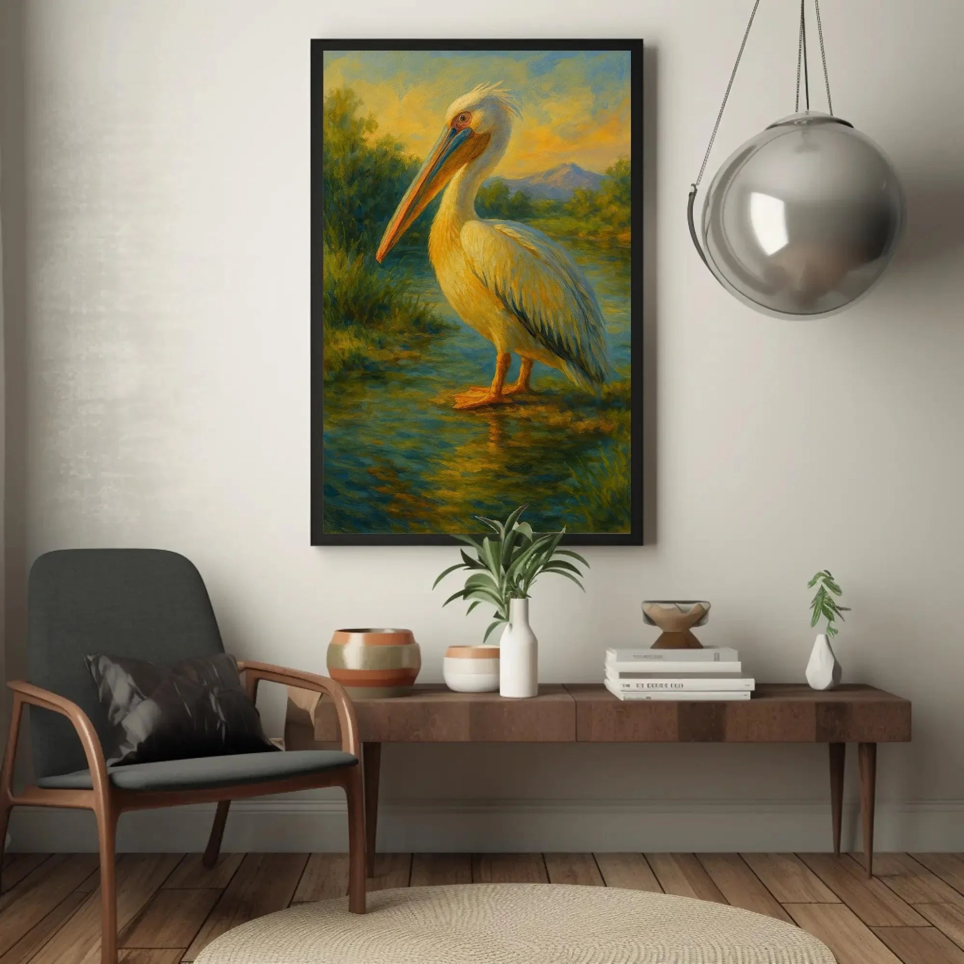Majestic White Pelican at Sunset Canvas Print, Tranquil Water Bird Painting, Serene Wildlife Wall Art, Peaceful Nature Scene for Home Decor Wall Art – Canvas Print