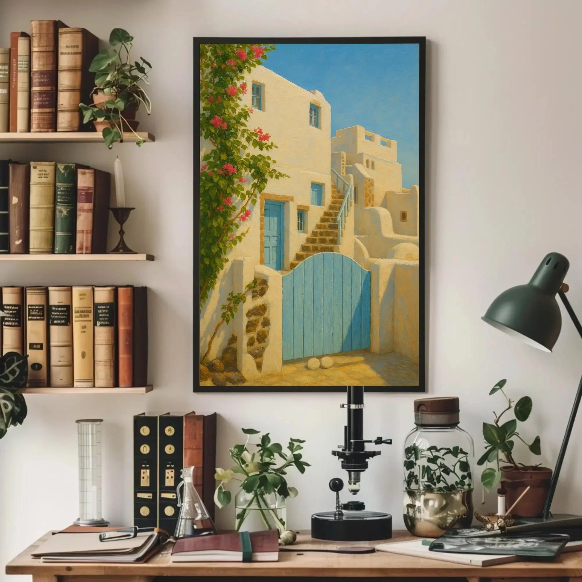 Greek Island Blue Door Art Print – Whitewashed House Canvas Print with Pink Bougainvillea, Greece Travel Painting for Wall Decor Wall Art – Canvas Print
