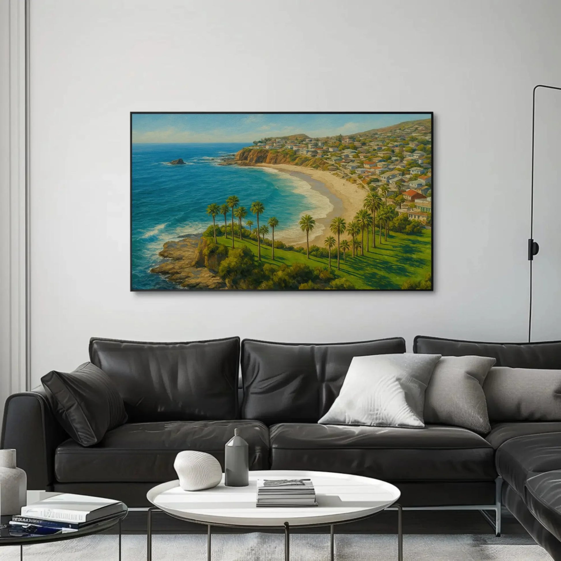 Sunny Laguna Beach California Canvas Print, Coastal Seaside Landscape Painting, Oceanfront Palms Wall Art, Relaxing Beach House Home Decor Wall Art – Canvas Print