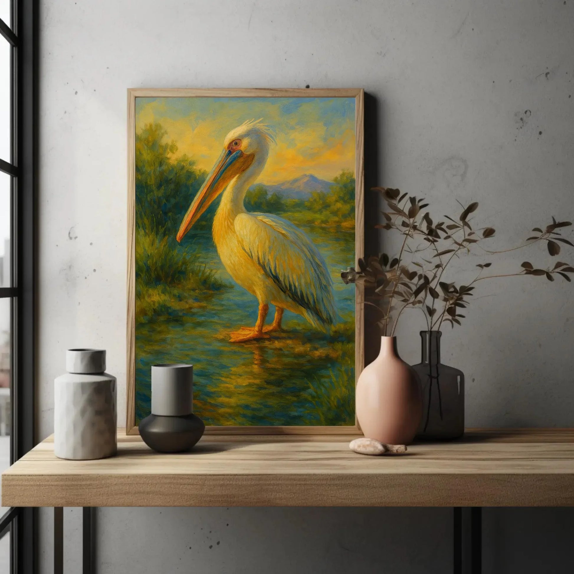 Majestic White Pelican at Sunset Canvas Print, Tranquil Water Bird Painting, Serene Wildlife Wall Art, Peaceful Nature Scene for Home Decor Wall Art – Canvas Print
