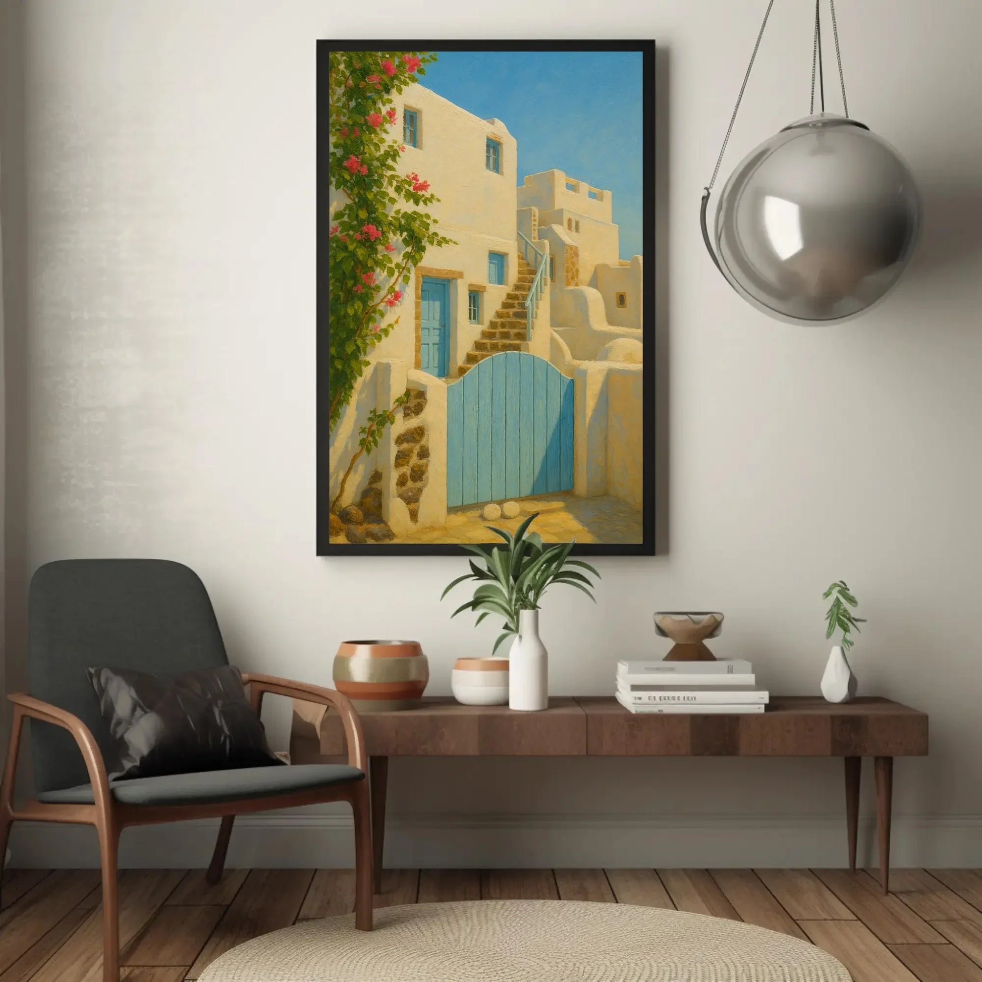 Greek Island Blue Door Art Print – Whitewashed House Canvas Print with Pink Bougainvillea, Greece Travel Painting for Wall Decor Wall Art – Canvas Print