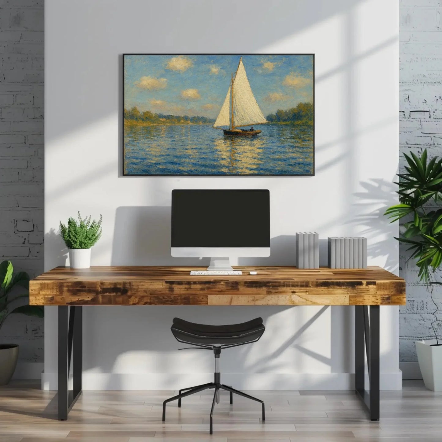 Sailboat Lake Painting Nautical Water Scene Seascape Art Blue Sky White Sail Calm Water Wall Art Coastal Home Decor Relaxing Canvas Wall Art – Canvas Print