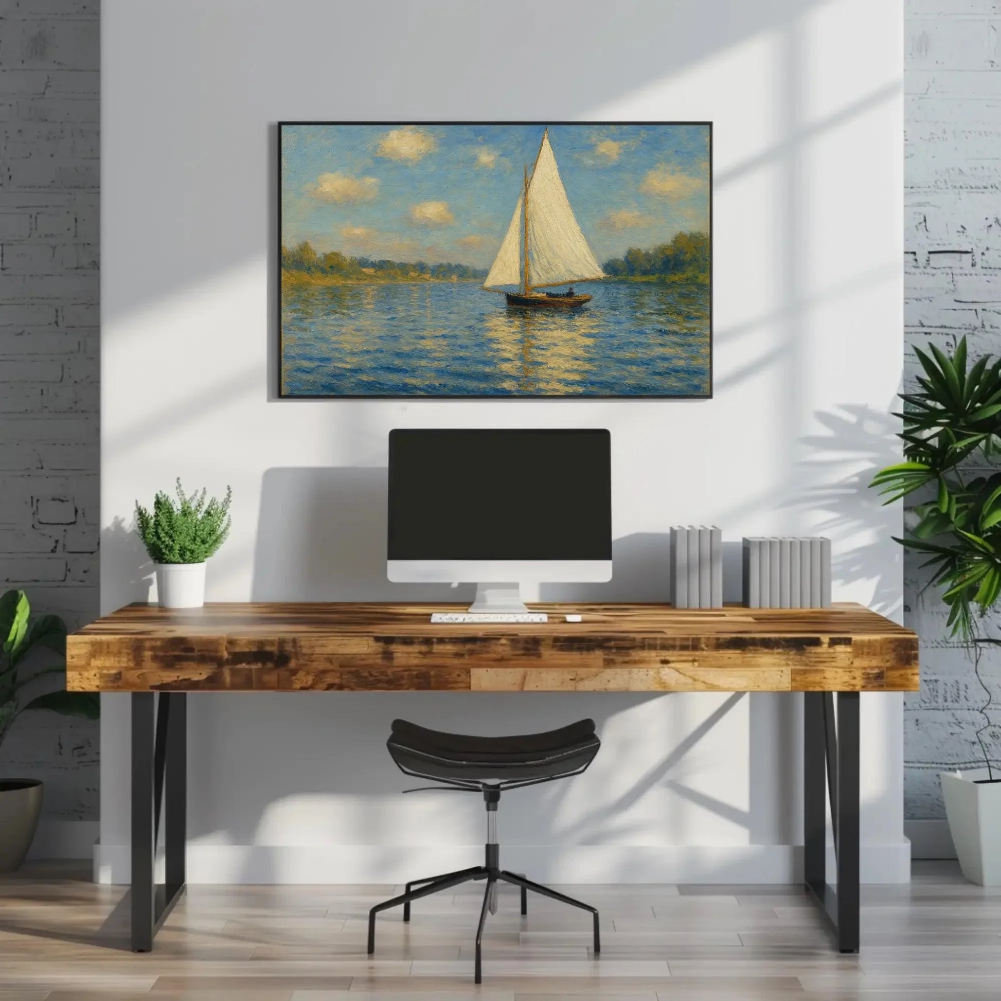 Sailboat Lake Painting Nautical Water Scene Seascape Art Blue Sky White Sail Calm Water Wall Art Coastal Home Decor Relaxing Canvas Wall Art – Canvas Print