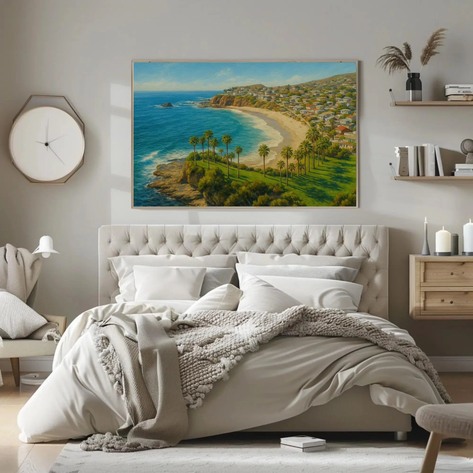 Sunny Laguna Beach California Canvas Print, Coastal Seaside Landscape Painting, Oceanfront Palms Wall Art, Relaxing Beach House Home Decor Wall Art – Canvas Print