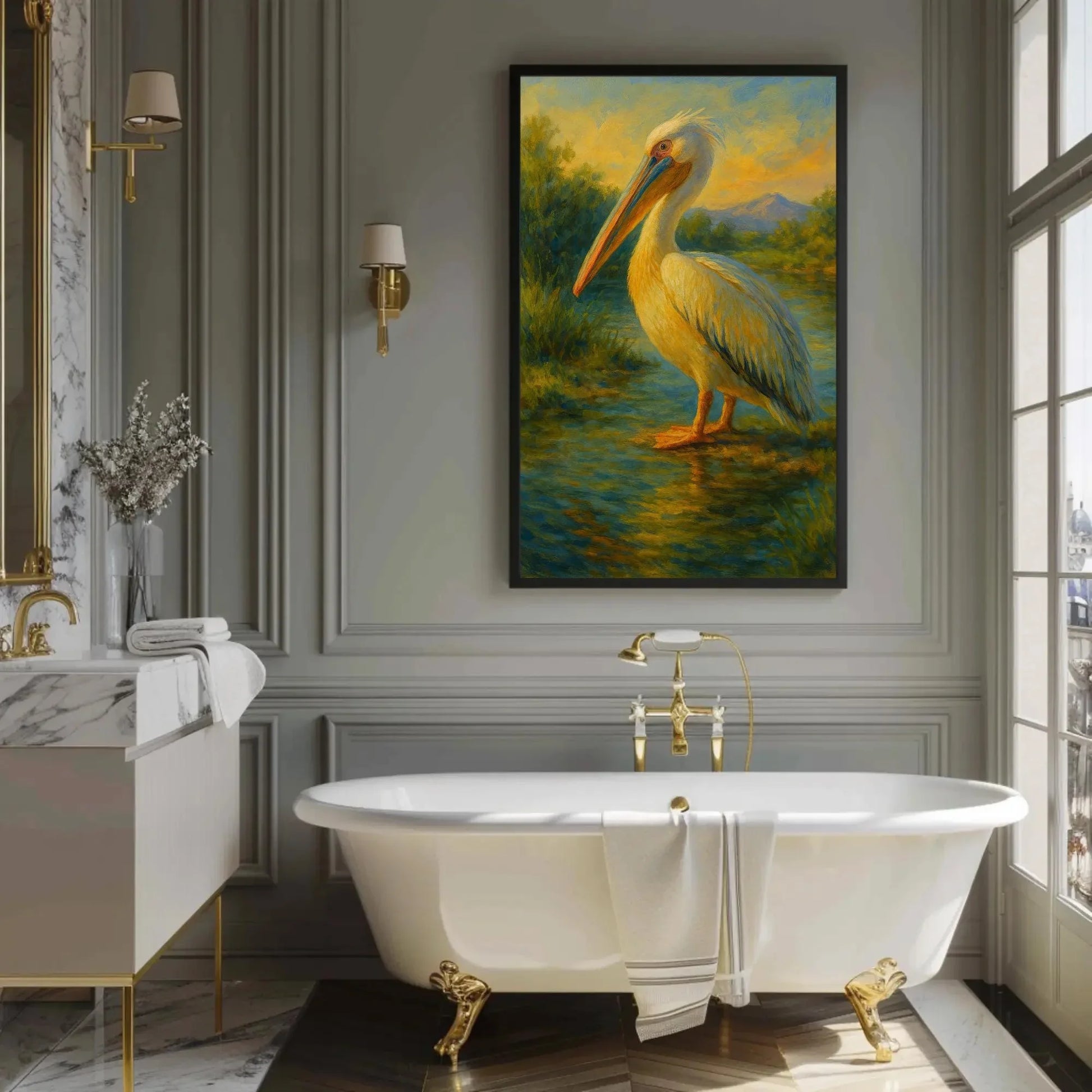 Majestic White Pelican at Sunset Canvas Print, Tranquil Water Bird Painting, Serene Wildlife Wall Art, Peaceful Nature Scene for Home Decor Wall Art – Canvas Print