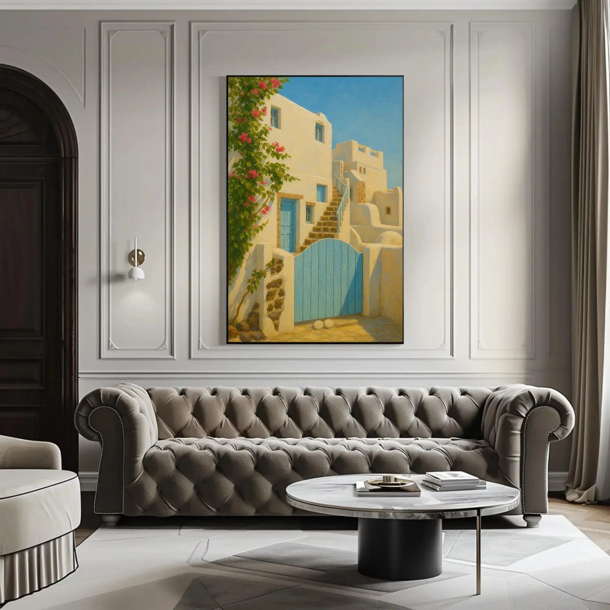 Greek Island Blue Door Art Print – Whitewashed House Canvas Print with Pink Bougainvillea, Greece Travel Painting for Wall Decor Wall Art – Canvas Print