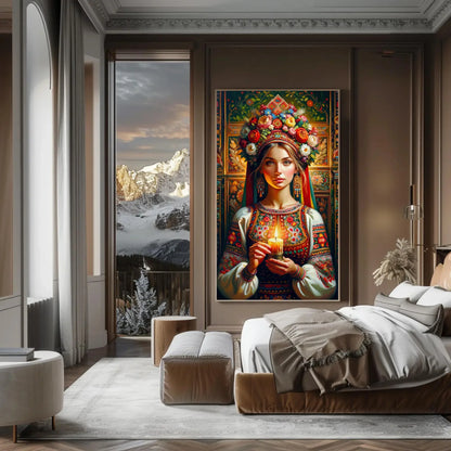 Ukrainian Girl Holding Candle Print, Ukrainian Woman Oil Painting on Framed Canvas, Ethinic Poster Prints for Home Decor Wall Art – Canvas Print