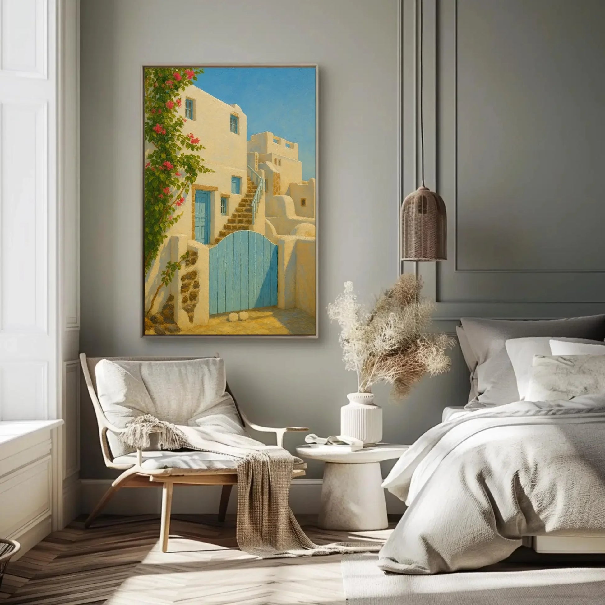 Greek Island Blue Door Art Print – Whitewashed House Canvas Print with Pink Bougainvillea, Greece Travel Painting for Wall Decor Wall Art – Canvas Print