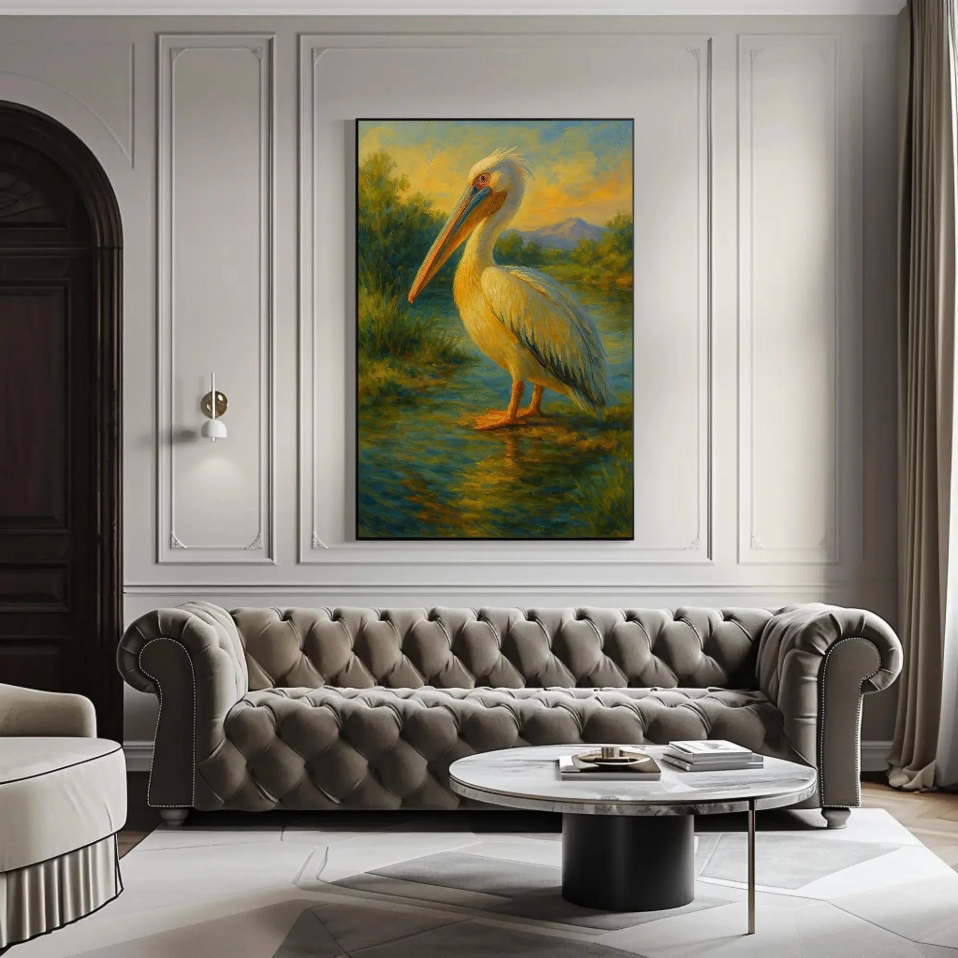 Majestic White Pelican at Sunset Canvas Print, Tranquil Water Bird Painting, Serene Wildlife Wall Art, Peaceful Nature Scene for Home Decor Wall Art – Canvas Print