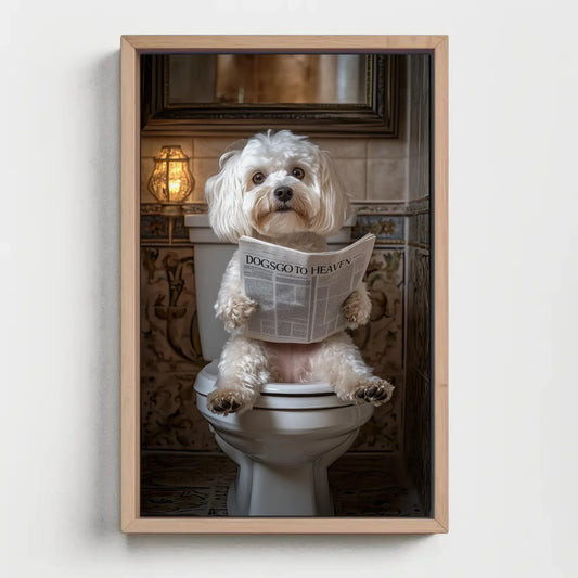 Maltese Poodle Dog on Toilet Reading Newspaper Canvas Print - Funny Bathroom Art - Toilet Humor Wall Decor for Half Bath, Ready to Hang Wall Art – Canvas Print
