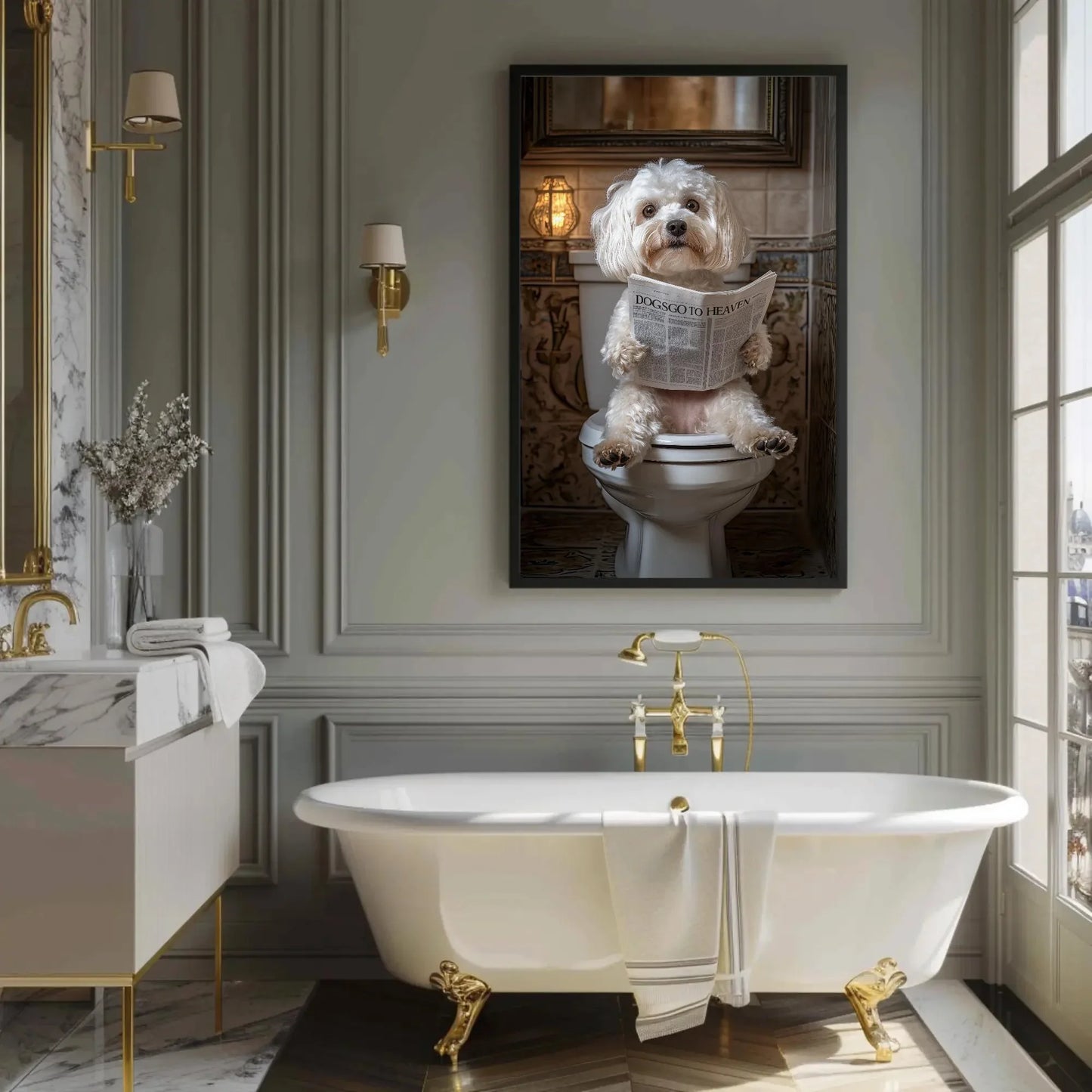 Maltese Poodle Dog on Toilet Reading Newspaper Canvas Print - Funny Bathroom Art - Toilet Humor Wall Decor for Half Bath, Ready to Hang Wall Art – Canvas Print