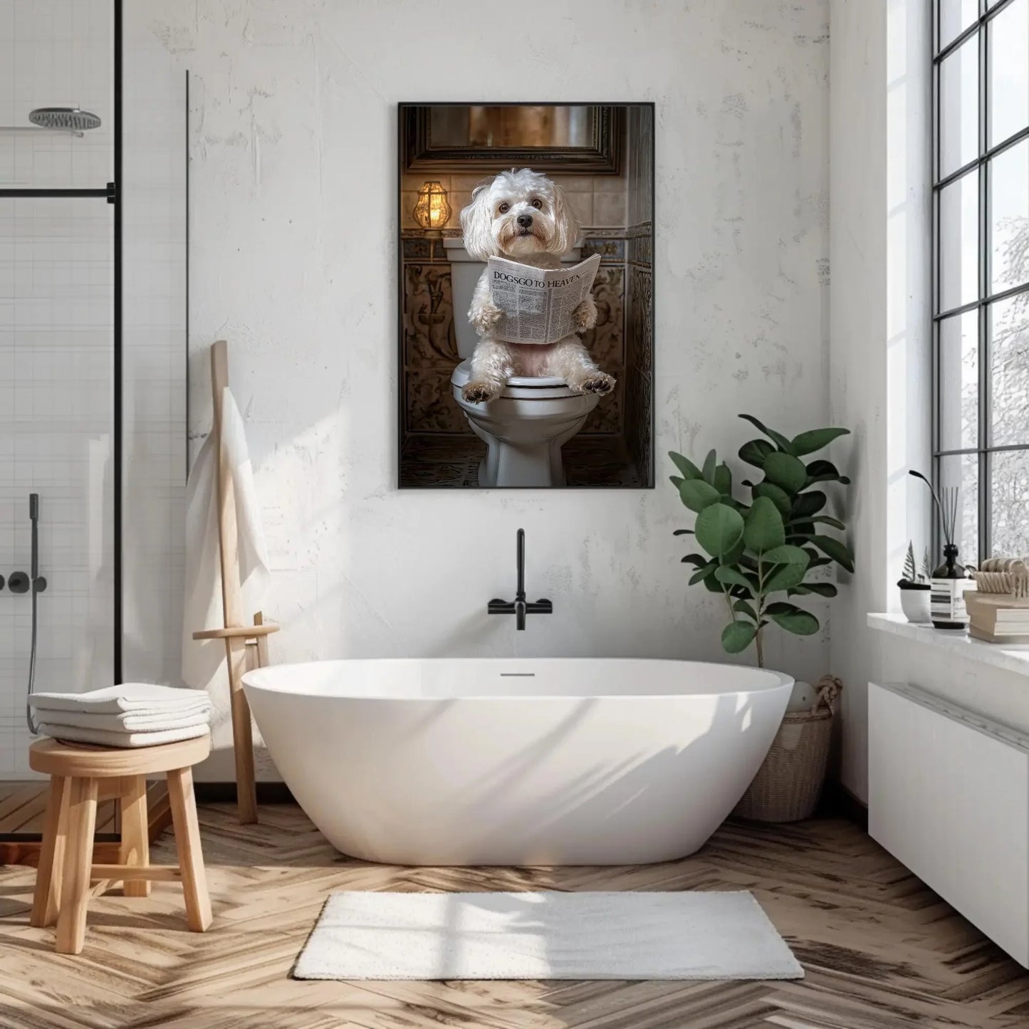 Maltese Poodle Dog on Toilet Reading Newspaper Canvas Print - Funny Bathroom Art - Toilet Humor Wall Decor for Half Bath, Ready to Hang Wall Art – Canvas Print