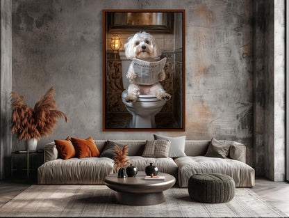 Maltese Poodle Dog on Toilet Reading Newspaper Canvas Print - Funny Bathroom Art - Toilet Humor Wall Decor for Half Bath, Ready to Hang Wall Art – Canvas Print