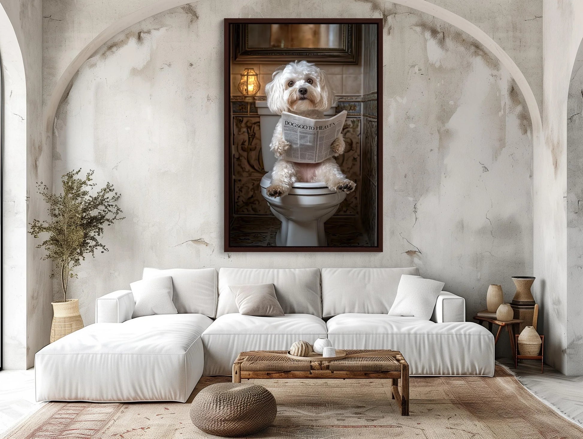 Maltese Poodle Dog on Toilet Reading Newspaper Canvas Print - Funny Bathroom Art - Toilet Humor Wall Decor for Half Bath, Ready to Hang Wall Art – Canvas Print