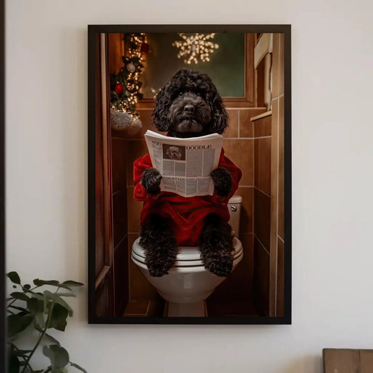 Christmas Black Doodle Dog Reading Newspaper on Toilet Canvas Print, Funny Dog Bathroom Art, Whimsical Holiday Decor, Cute Toilet Humor Wall Art – Canvas Print