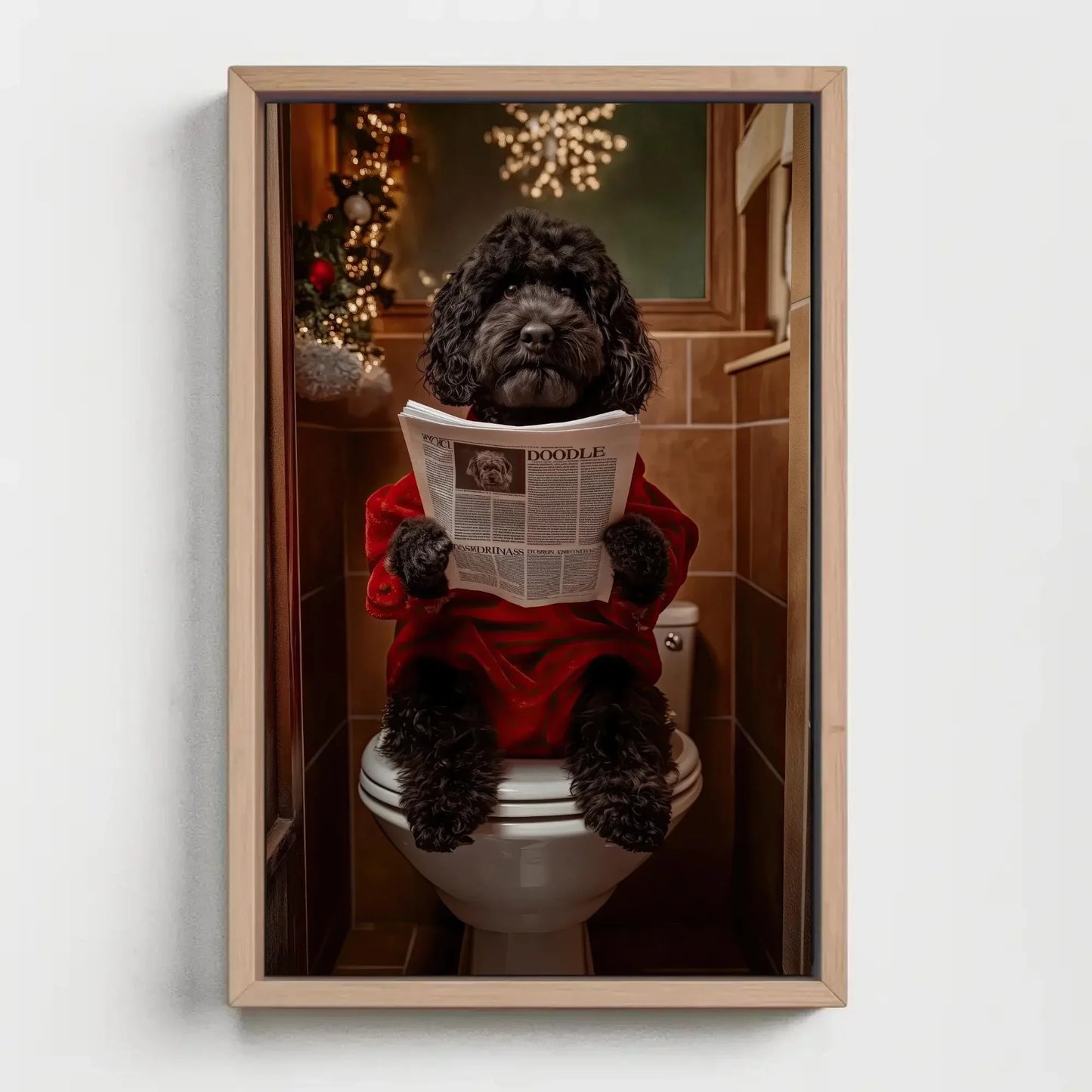Christmas Black Doodle Dog Reading Newspaper on Toilet Canvas Print, Funny Dog Bathroom Art, Whimsical Holiday Decor, Cute Toilet Humor Wall Art – Canvas Print