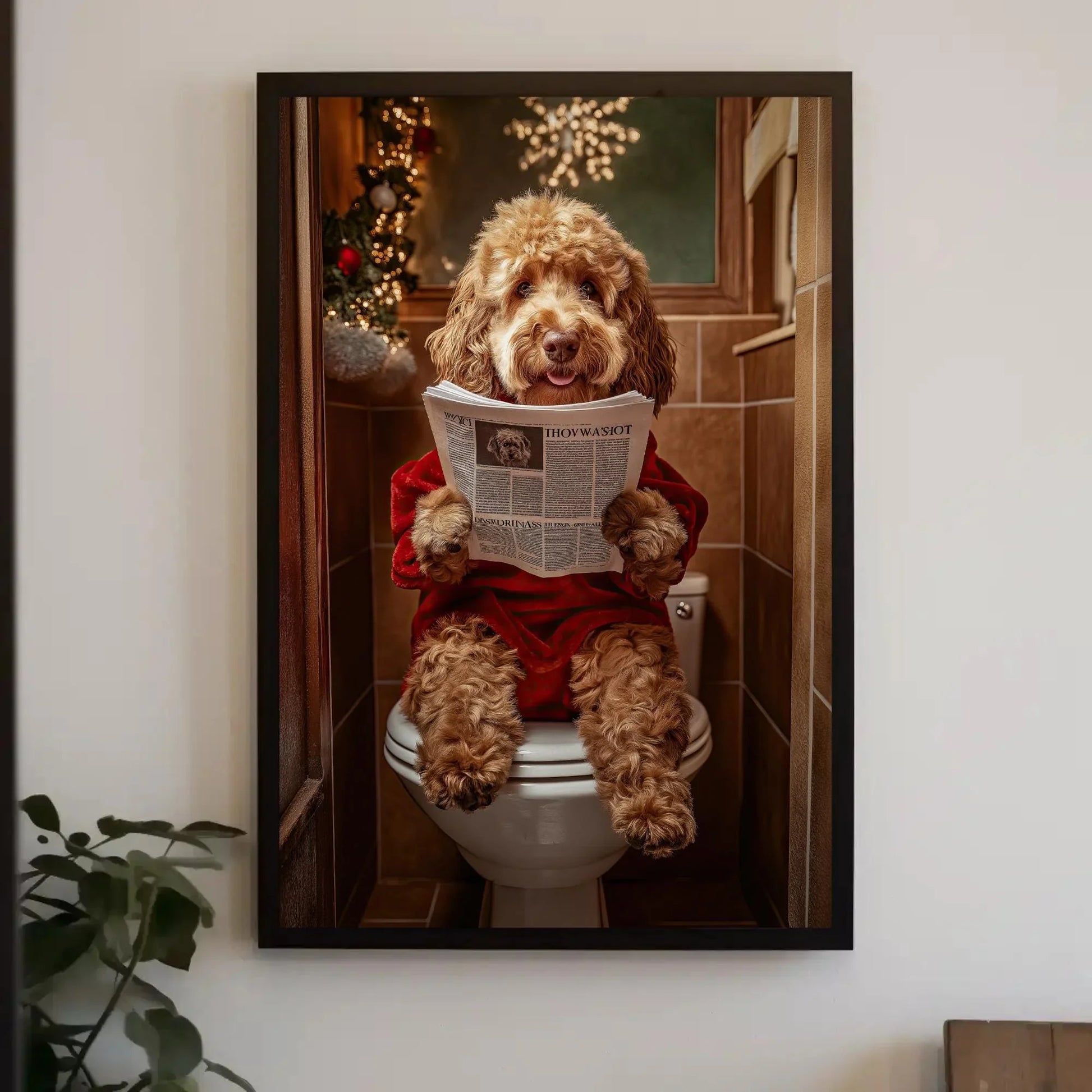 Christmas Goldendoodle Reading Newspaper on Toilet Canvas Print, Funny Dog Bathroom Art, Whimsical Decor, Cute Animal Print, Ready to Hang Wall Art – Canvas Print
